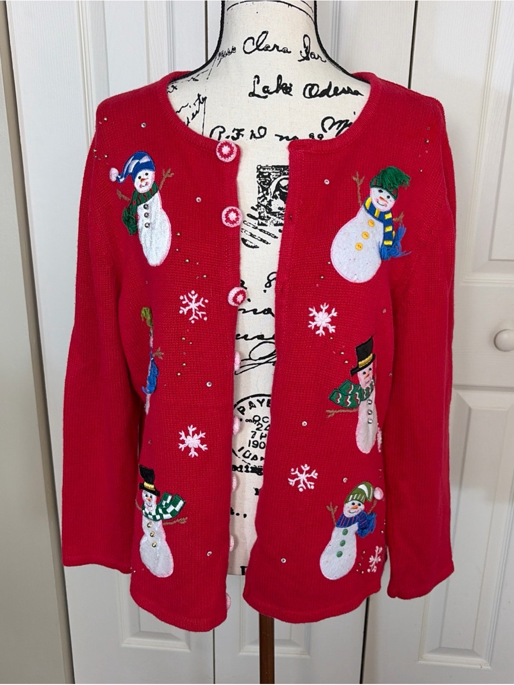 Mercer Street Studio Christmas Sweater Womens Large Red Snowman Holiday Cardigan